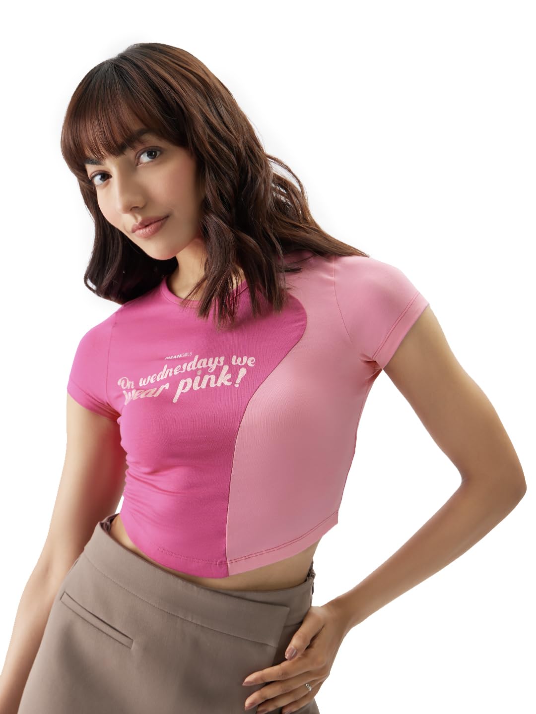 The Souled Store Official Mean Girls: Wednesdays We Wear Pink Women and Girls Short Sleeve Round Neck Pink Graphic Printed Cotton Blend Slim Fit Cropped Tops