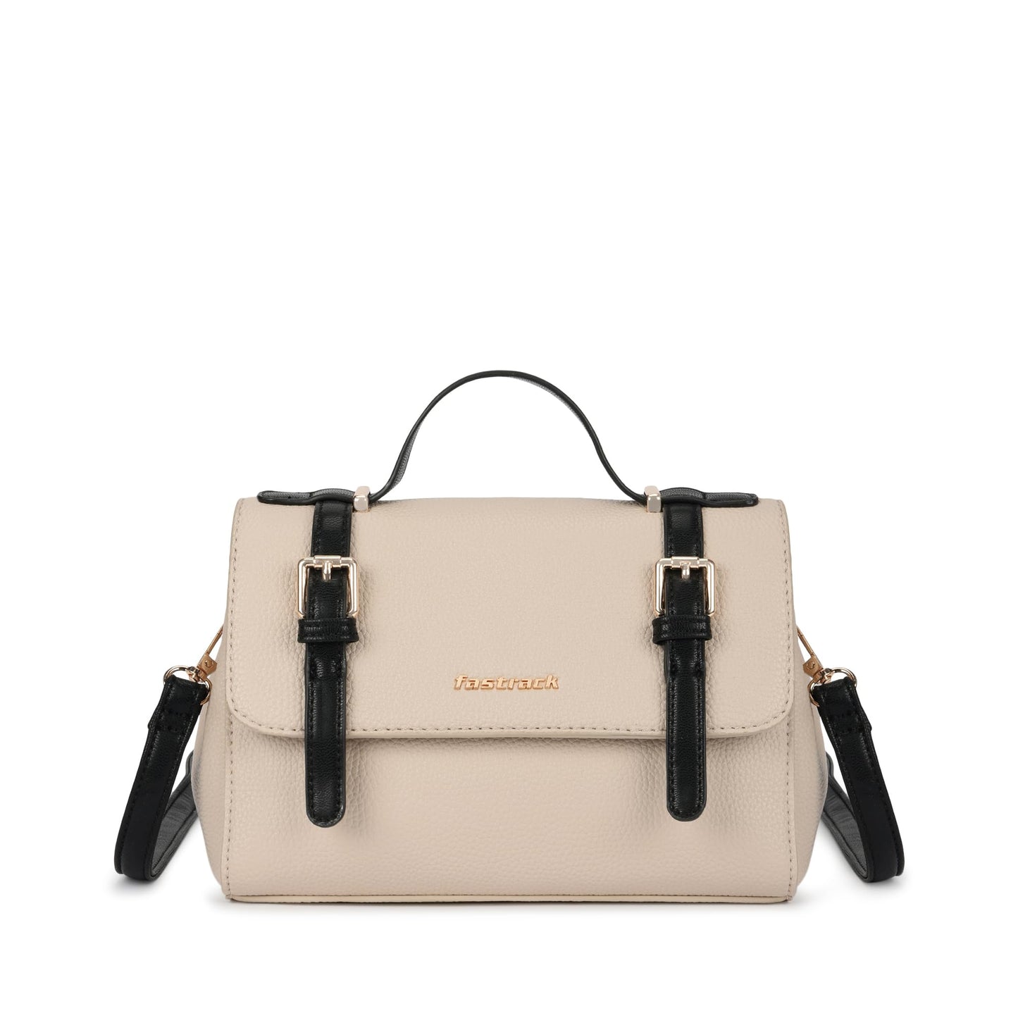 Fastrack Monochrome Muse Satchel | Faux-Leather Women’s Handbag in White & Black | Buckle-Flap Design with Dual Carry Options & Multi-Compartment Interior