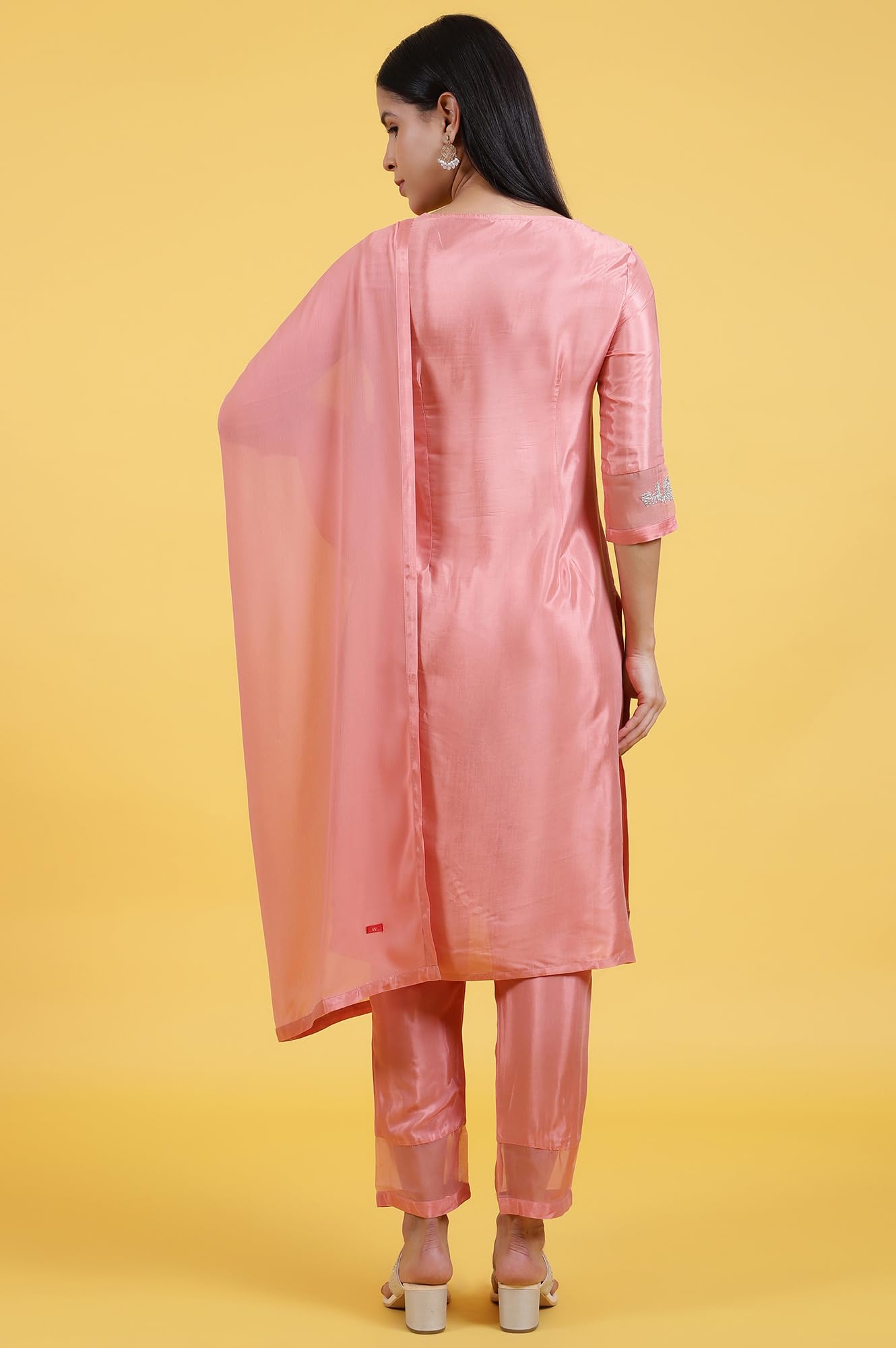 W for Woman Pink Printed Shantung Straight Kurta, Pants and Dupatta Set (Size: XL)-WS12305-112668