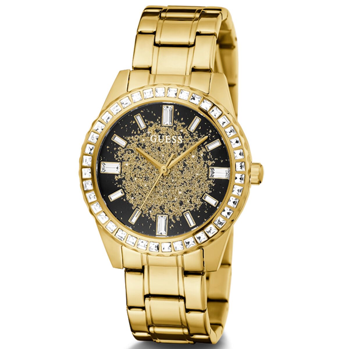 GUESS Stainless Steel Glitter Burst Collection Analog Black Dial Women Watch-Gw0405L2, Gold Band