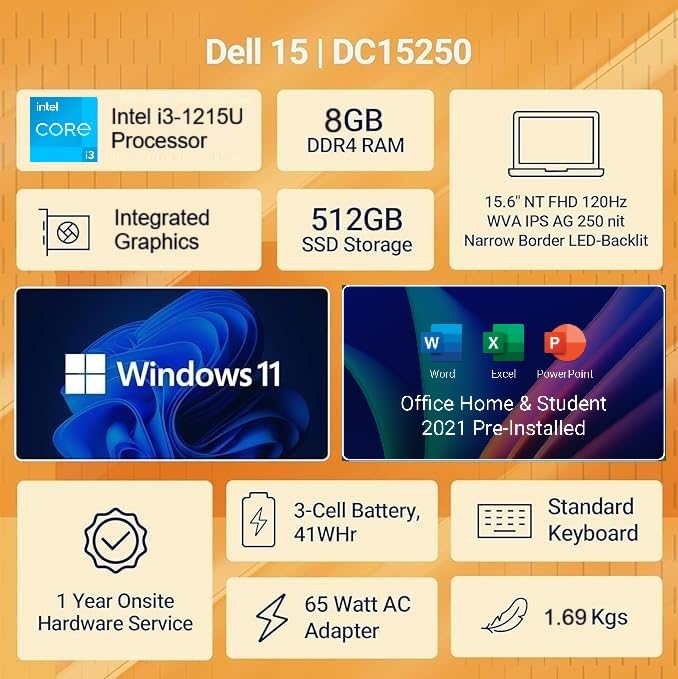 Dell 15 Laptop, 14th Gen Intel Core 3 100U Processor, 8GB DDR4, 512 SSD, Intel UHD Graphics, 15.6" NT FHD 120Hz IPS AG 250 nit Display, Win 11 + Office H&S 2024, Carbon Black, Thin & Light- 1.63Kg
