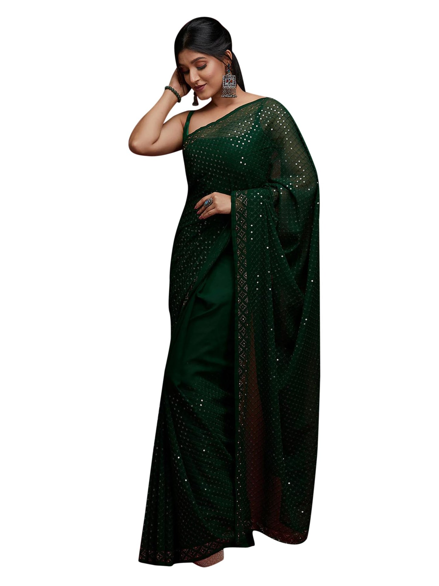 AKHIALM Women's Embellished Printed Sequins Georgette Saree With Unstitched Blouse Piece (Green_AAVYA501_HV)
