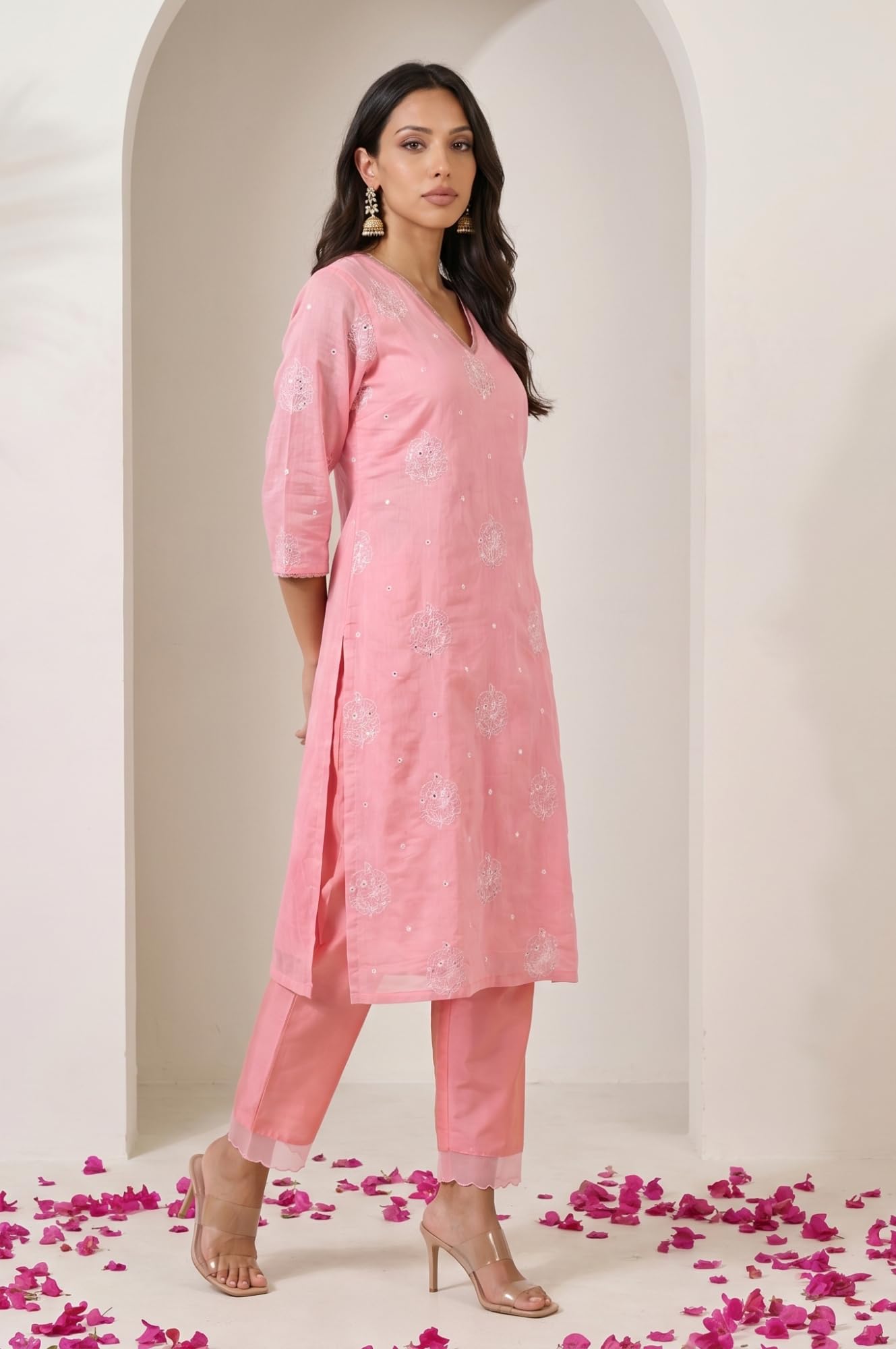 W for Woman Pink Thread Embroidered Chanderi Straight Kurta with Pants and Dupatta Set - (WS13881-401118-XL)