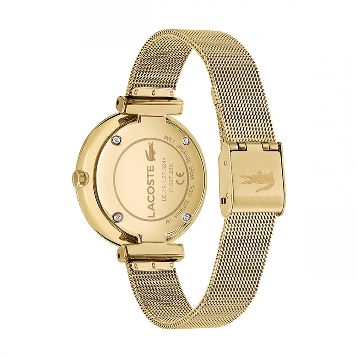 Lacoste Geneva Qtz Basic White Round Dial Women's Watch|Ionic Plated Thin Gold Steel Material|Gold Color Band - 2001166