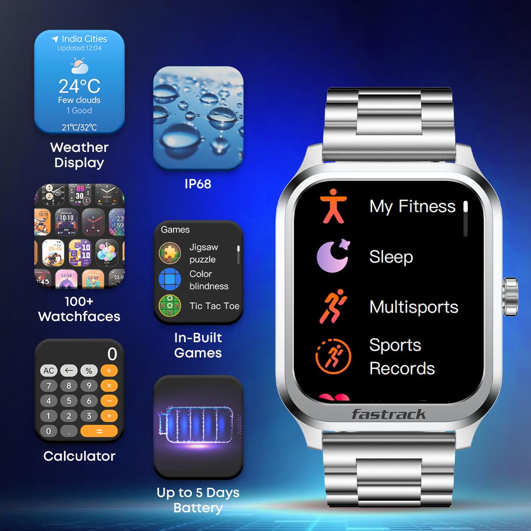 Fastrack Jupiter Retro 1.83" Display Smart Watch with Bluetooth Calling, Functional Crown, Metal Strap, 100+ Sports Modes, Health Suite, IP68, 5-Day Battery – Smartwatch for Man & Women Latest (Black)