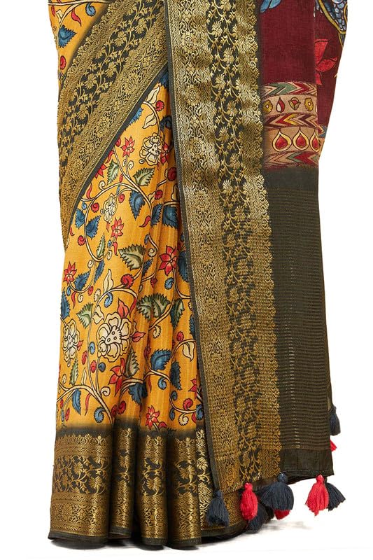 Soch Womens Mustard Crepe Saree With Floral Kalamkari Print And Zari Borders
