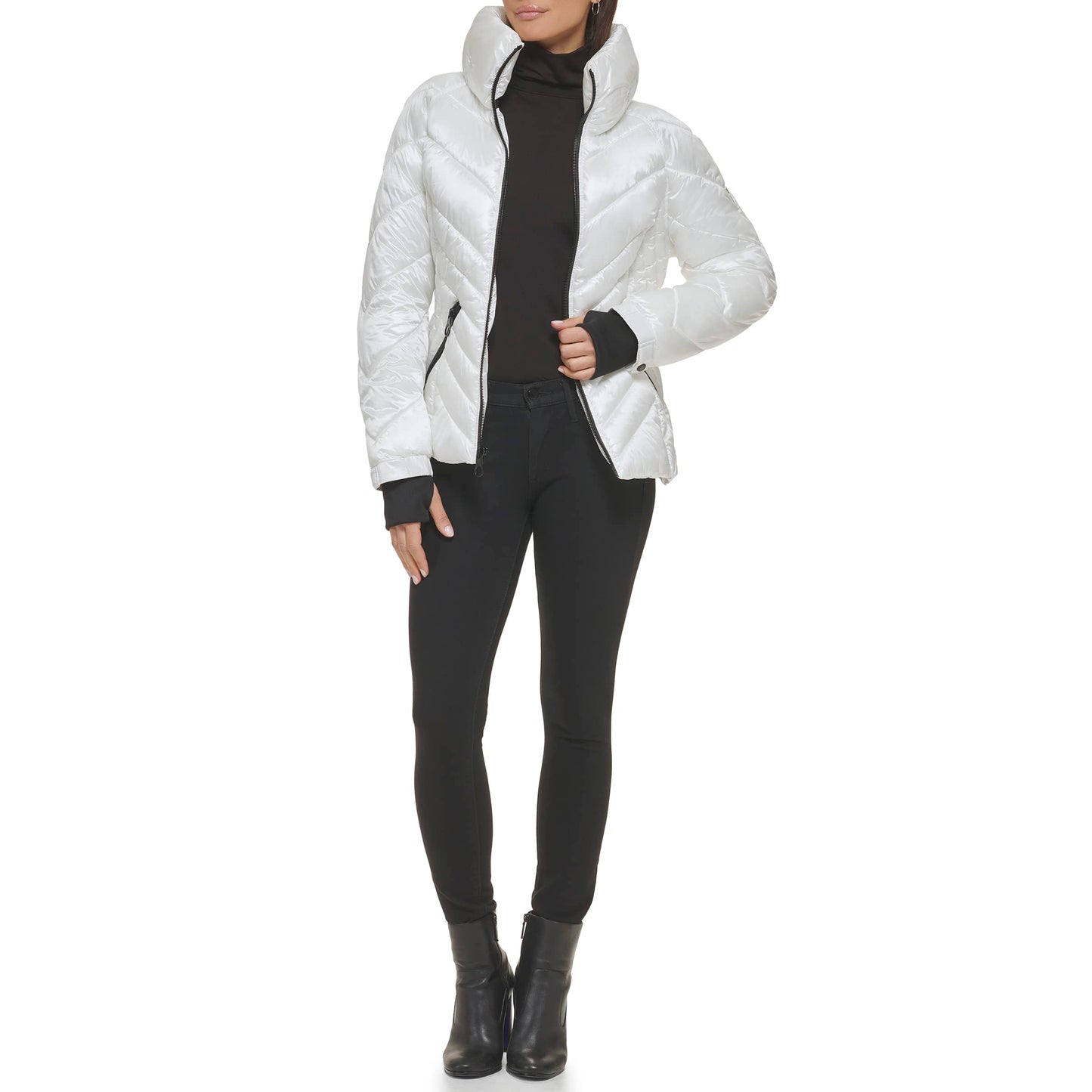 GUESS Women's Belted Softshell Jacket with Hood, White, S
