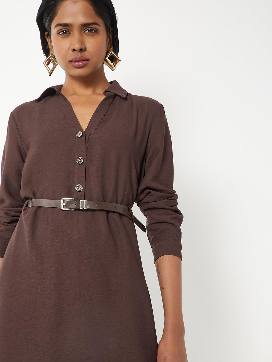 Max Women Solid Belted Shirt Dress (Brown_XXL)