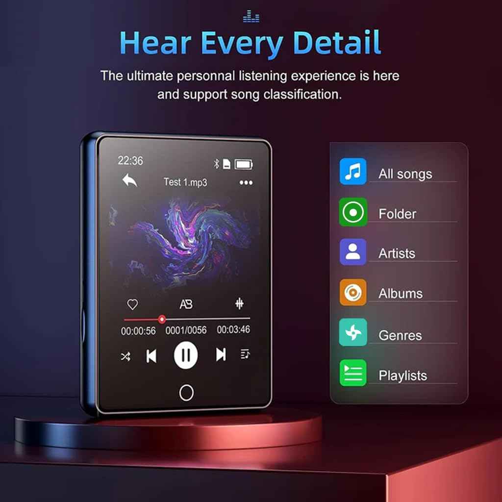 AUDIOCULAR M41 32GB Mp3 Player with Earphone, Portable Music Player, Bluetooth HiFi Digital Audio Player with 2.8” LCD Touch Screen, Built-in Speaker, Voice Recorder, Video Player, Support Upto128GB