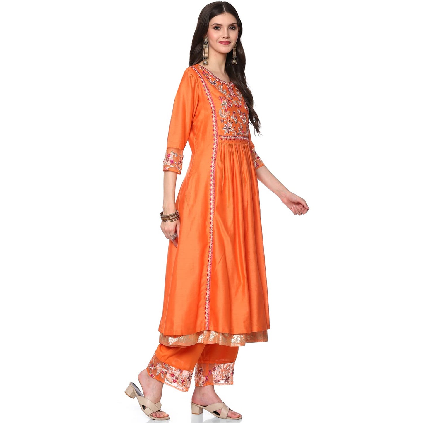 BIBA Silk Blend Women Embroidery Straight Salwar Kurta Dupatta(Skd8105_Orange/Pink_34)