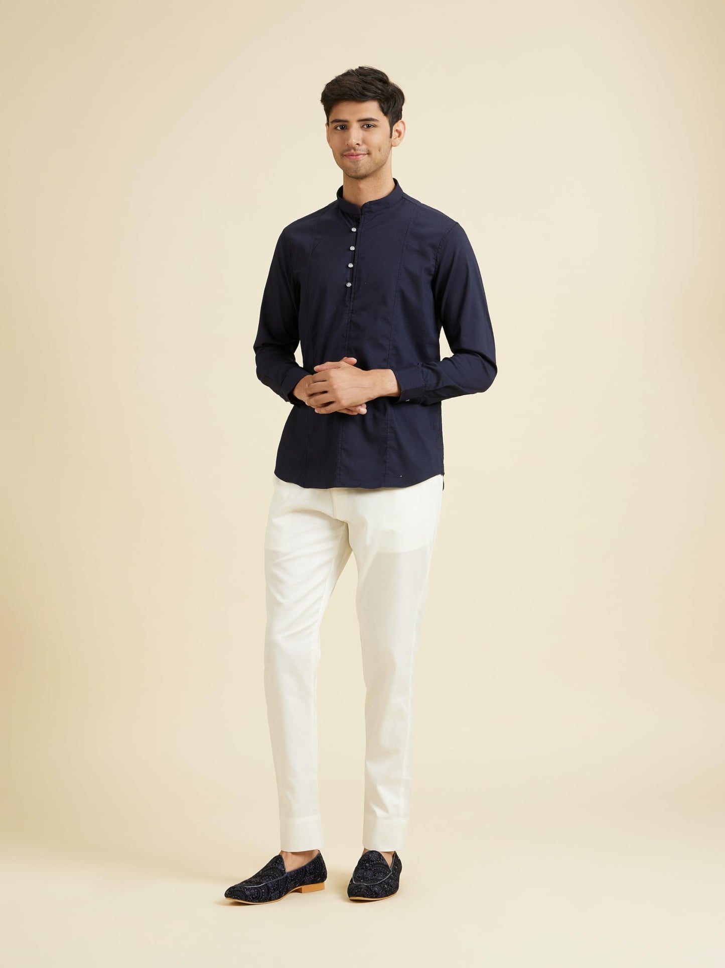 Manyavar Men's Viscose Blend Structured Short Kurta(Dark Blue,XXL)