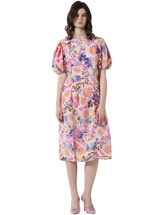 ONLY Women Printed Polyester Pink Midi Dress