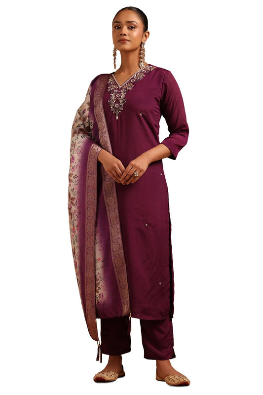 Soch Womens Purple Chinon Floral Salwar Suit With Beads And Stones