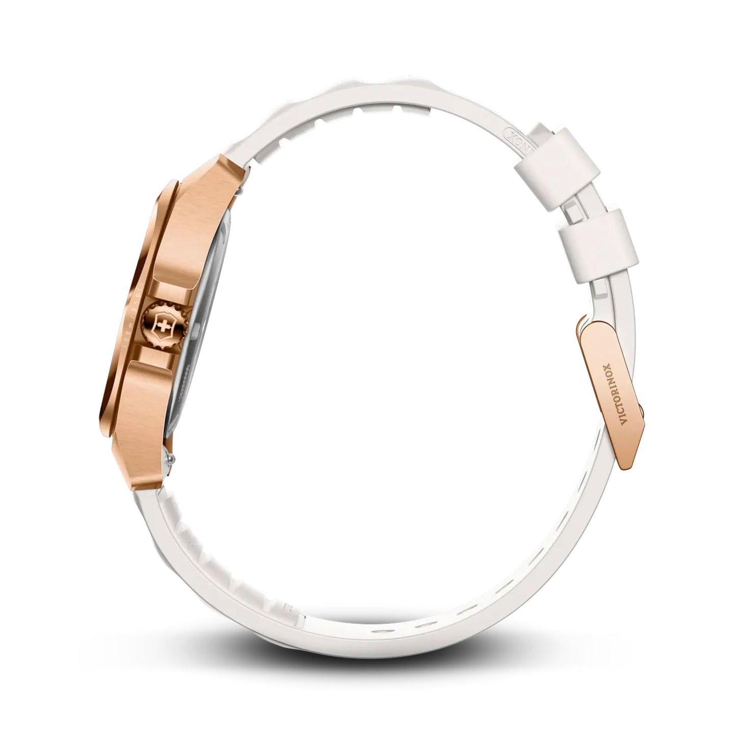 Victorinox I.N.O.X. Small, Swiss Made Analog Women's Watch | White Dial, 32 MM, 100M Water Resistant, PVD Gold Stainless Steel Case, Quartz Movement, White Rubber Strap | 242037