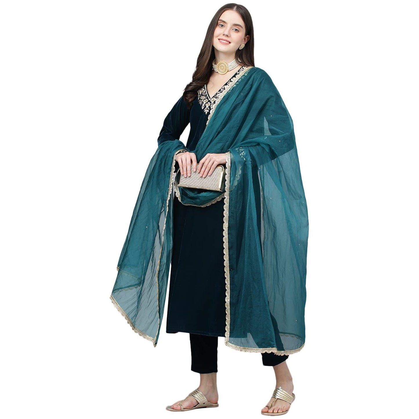 Divena Teal Green Valvet hand work Kurta pant With Organza Dupatta set
