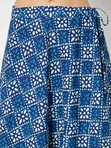 studio rasa Women's Cotton Printed Embellished Bias Skirt for Wedding Festive Party (SKTC52406_Blue_Medium)