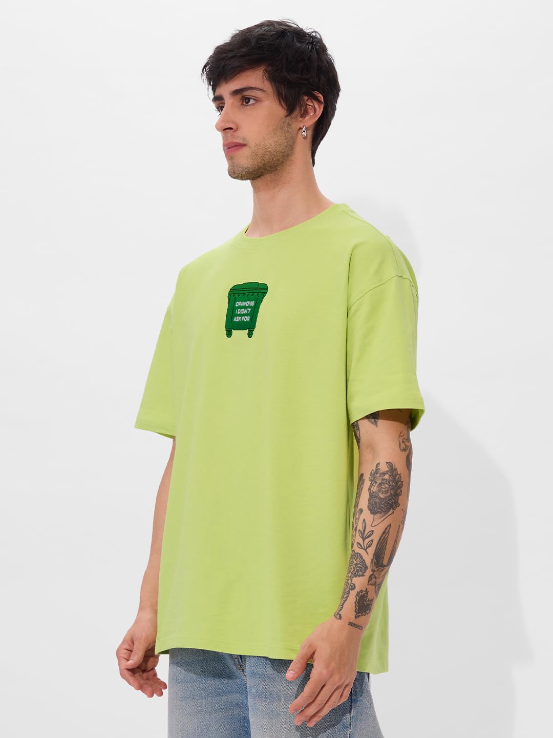 The Souled Store Trash Opinion Men and Boys Short Sleeves Round Neck Green Embroidered Cotton Oversized T-Shirts