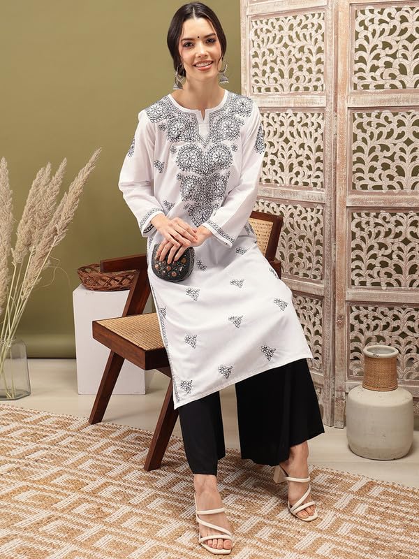 Ada Hand Embroidered Lucknow Chikankari White Cotton Kurta Kurti for Women A411557 (M)
