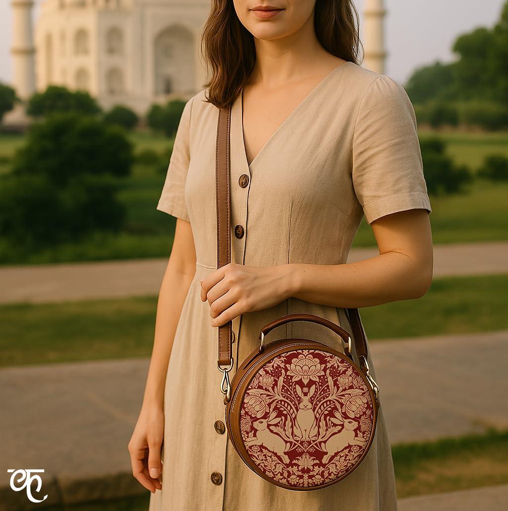 Kalankit Round Sling Bag for Women | Lightweight Vegan Leather Crossbody | Stylish Compact Purse | Trendy Bags for Women | Valentine Gift for Wife | Modern Damask Year Of The Rabbit