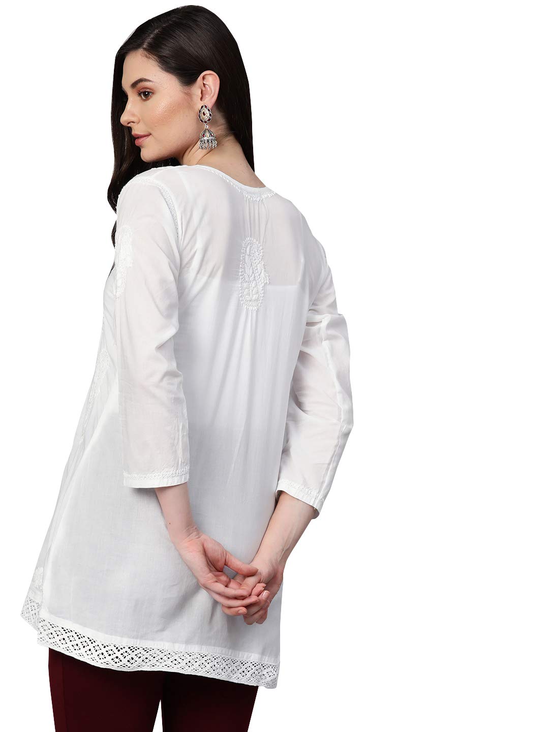 Ada Hand Embroidered Lucknow Chikankari White Cotton Short Kurti Top Tunic for Women A208706 (2XL)