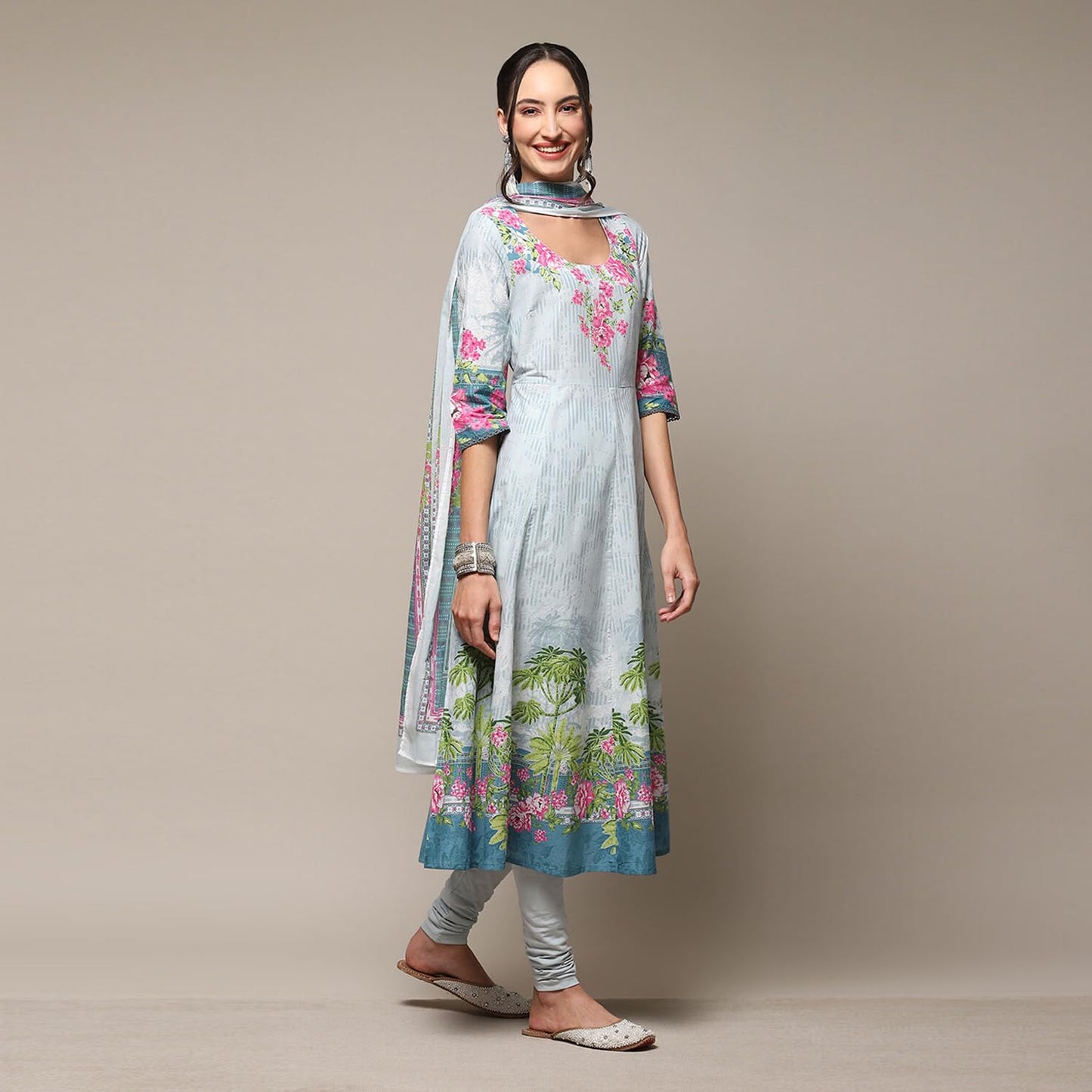 BIBA Women's Powder Blue Cotton Anarkali Kurta Churidar Suit Set_36