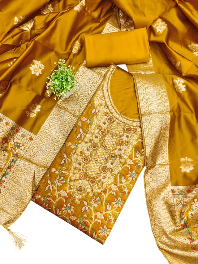 VARNI FABRICS Jacquard with Handwork Dress Material for Women Floral Unstitched Woman Salwar Suit Dress Material with Jacquard Dupatta Mustard Yellow
