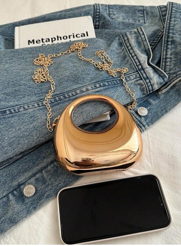 Moon Clutch Purse Acrylic Evening Handbag for Women Crossbody Sling Bags with Detachable Chain Strap Glossy Stylish Latest Ladies Girls Small Size Cute Wallet Party Wedding Gift item (Glossy Golden)