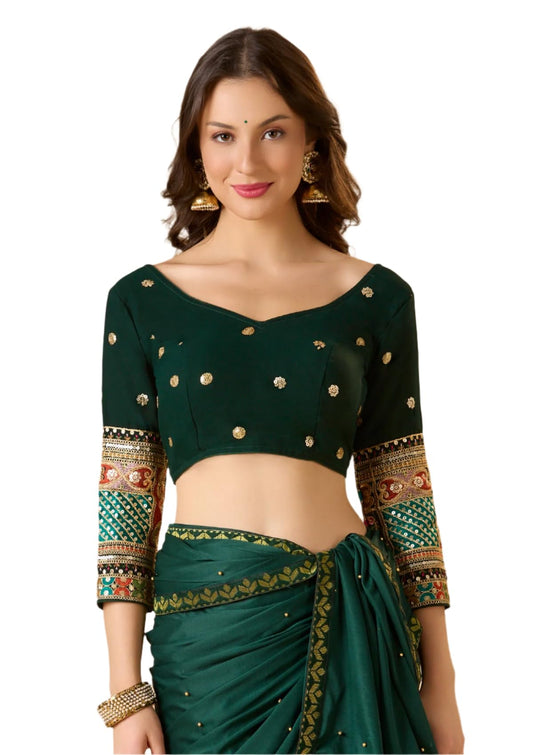 S SALWAR STUDIO Bottle Green Georgette Sweetheart Neck Full Sleeve Readymade Blouse