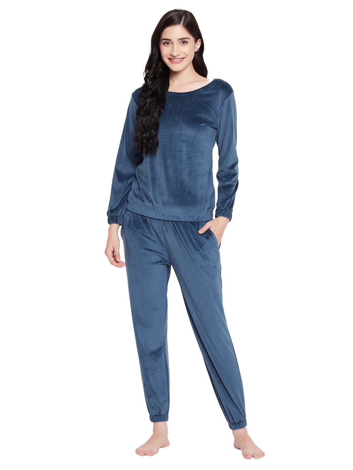 Clovia Women's Chic Basic Sweatshirt & Joggers set (LSW665P08_Blue_S)