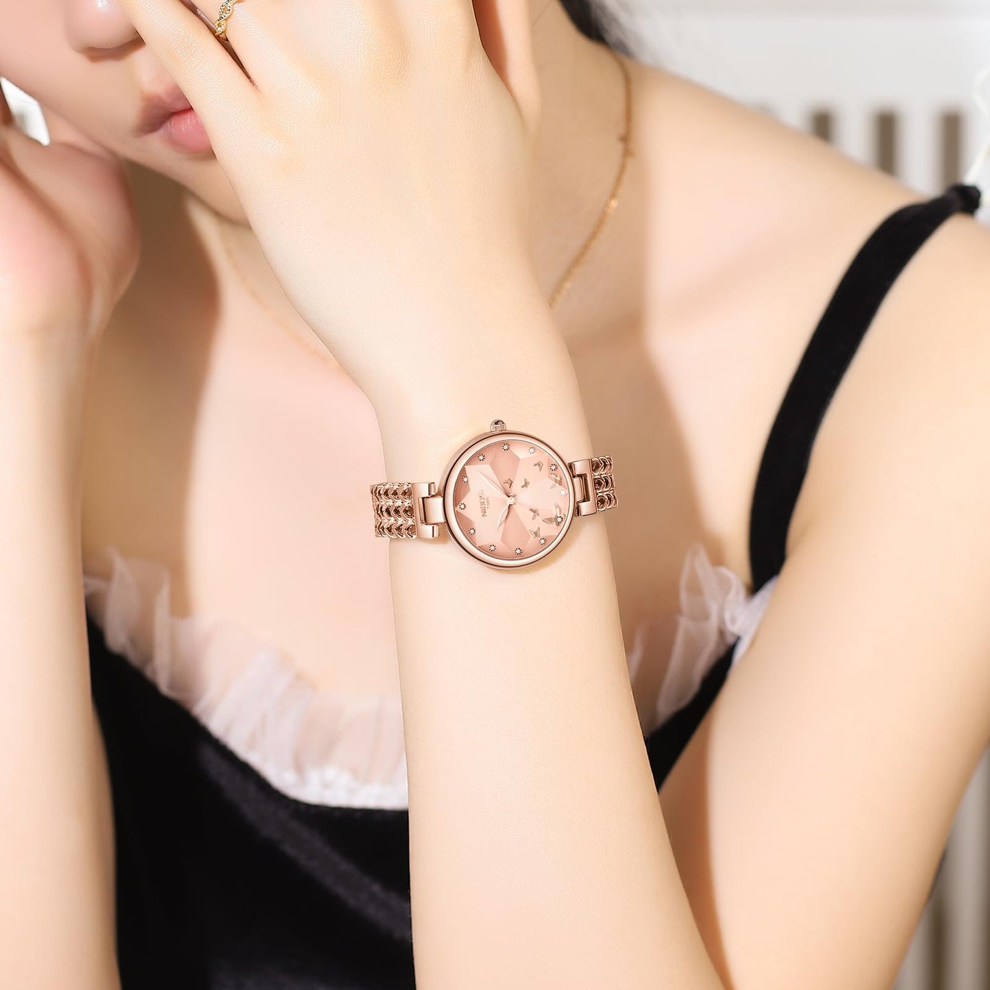 NIBOSI Watch for Woman Analog Quartz Rose Gold Stainless Steel Mesh Band Women Watches Stylish Diamond Wrist Watch Waterproof (Rose Gold-B)