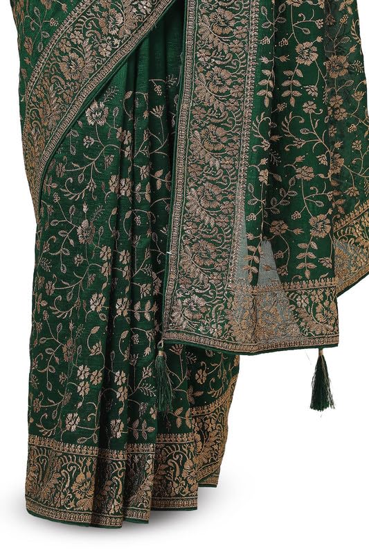Soch Womens Green Tussar Embroidered Saree With Tassels