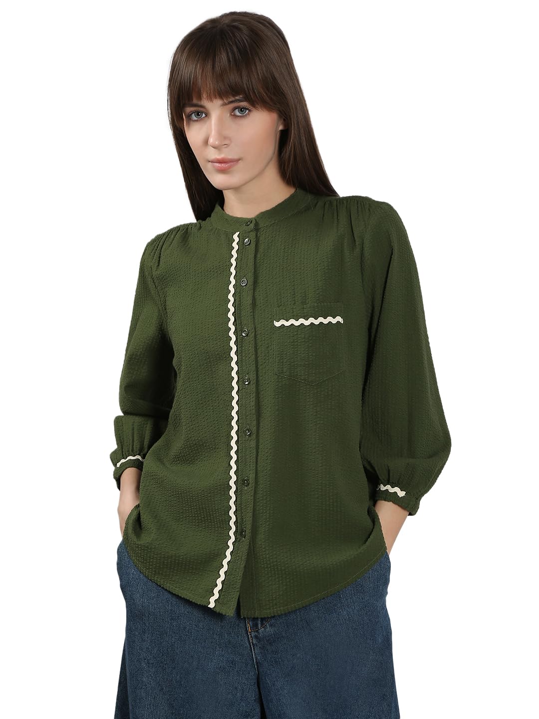 VERO MODA Women's Cotton Regular Fit Green Shirt