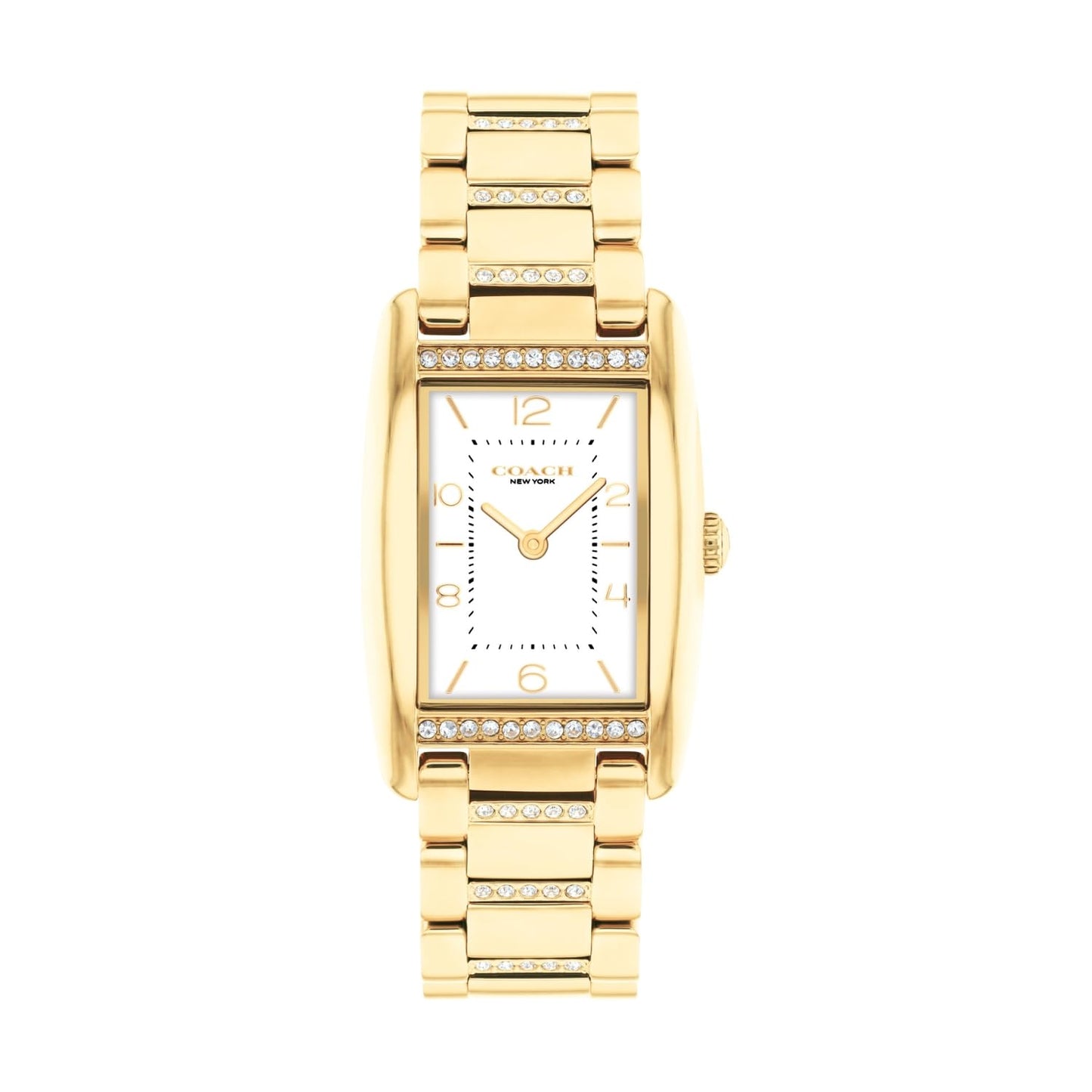 Coach Reese Qtz Basic White Rectangle Dial Women's Watch|Ionic Plated Thin Gold Steel & Crystals Material|Gold Color Band - 14504316