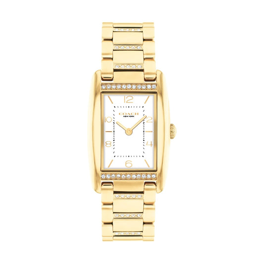 Coach Reese Qtz Basic White Rectangle Dial Women's Watch|Ionic Plated Thin Gold Steel & Crystals Material|Gold Color Band - 14504316
