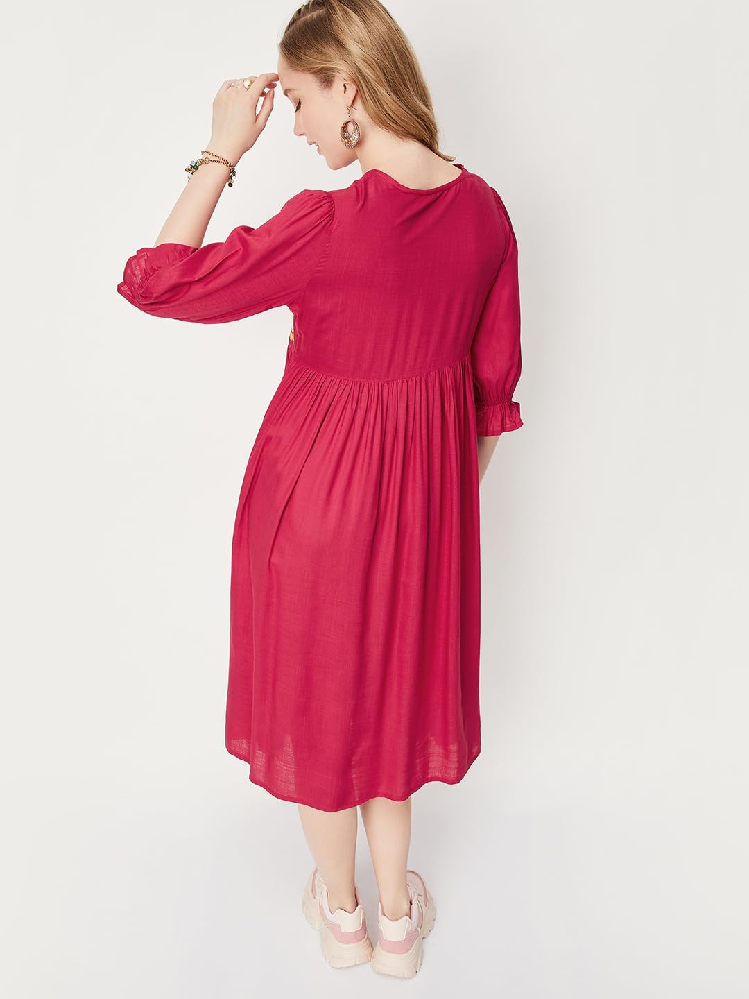 Max Women Embroidered Fit & Flare Midi Dress (EMBDRS33008RED)_M