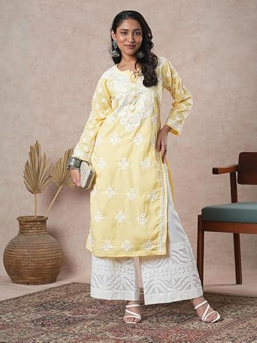 Ada Hand Embroidered Lucknowi Chikankari Cotton Kurta Kurti Tunic for Women A411696 Yellow (4XL)