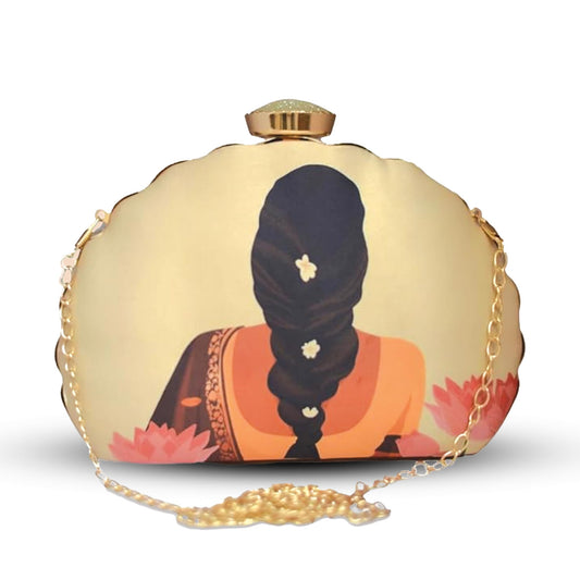 Artklim D - Shaped Flower Lady Printed Festival, Wedding Clutch Bag For Women With Detachable Chain Sling Strap | Purse for Navratri | Clutches for Navratri | Bags