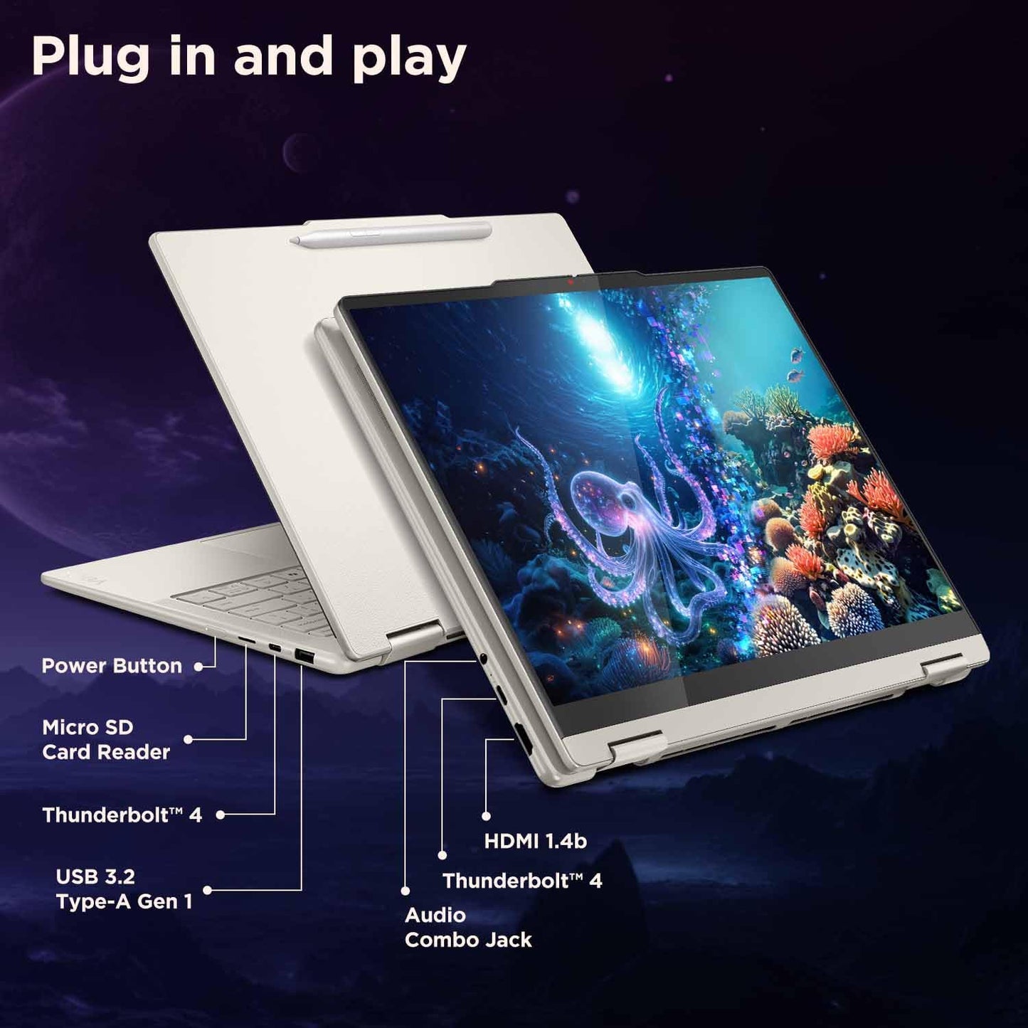 Lenovo Yoga 7 2-in-1, Intel Core Ultra 7 258V, 32GB RAM, 1TB SSD, WQXGA+ OLED, Copilot+ AI PC, 14"/35.5cm, Win 11, Office 2024, Seashell, 1.38Kg, 47 Tops, Yoga Pen, 83JQ000NIN, Convertible Laptop