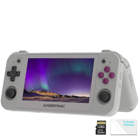 New World Anber-nic RG505 Android 12 Portable Game Console, Unisoc Tiger T618, 128GB with 3172 Supported Games, Gyro Sensor and 4.95" OLED Touchscreen, Support PS2 /PSP Games also - Grey