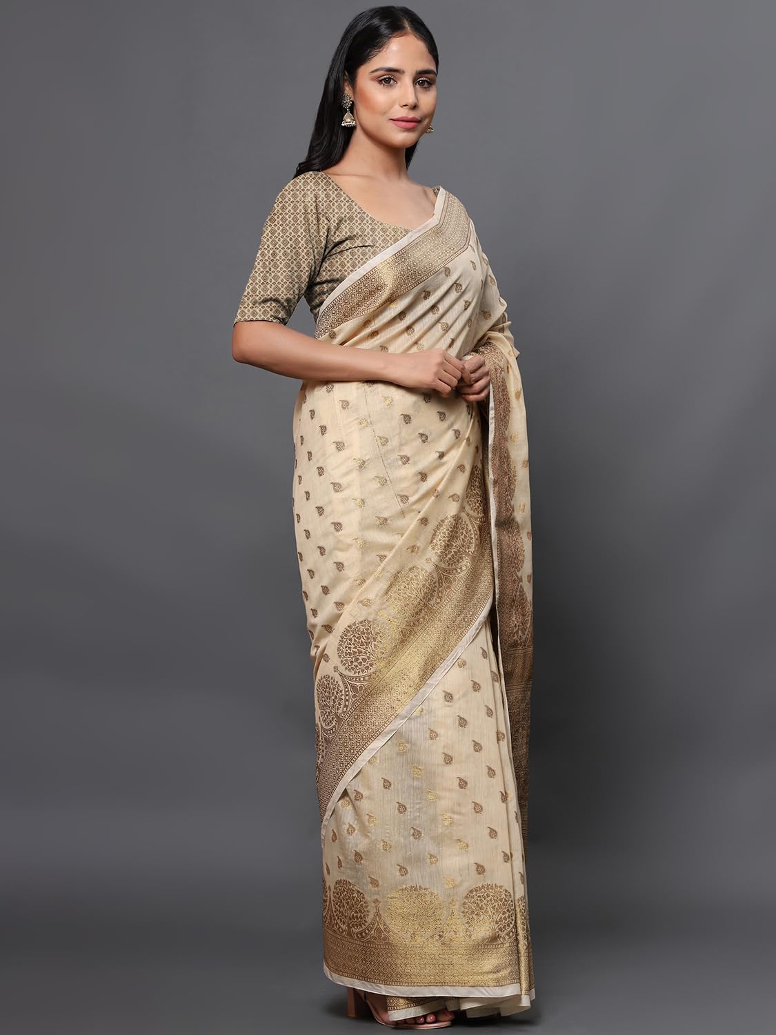 leeza store Women's Khaki Cotton Silk Blend Golden Zari Tree Pattern Border Rich Pallu Banarasi Saree With Blouse Piece