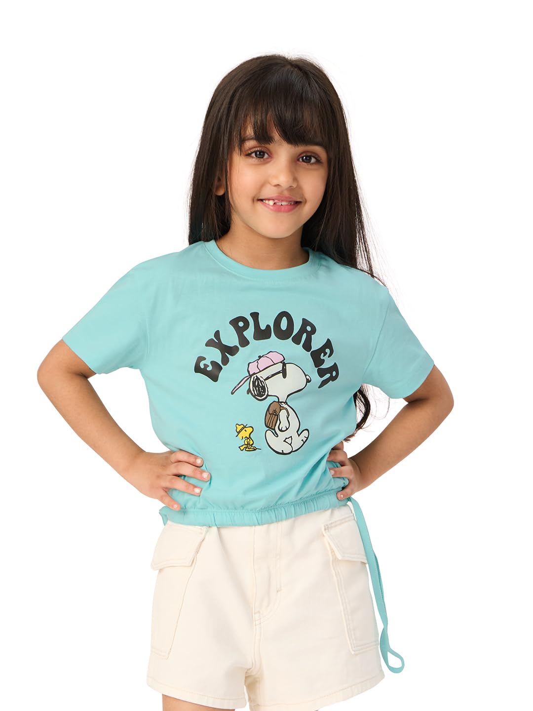 The Souled Store|Official Peanuts: Explorer Kids and Girls T-Shirts| Regular fit Graphic Printed| Half Sleeve|100% Cotton Blue Color Girls Drawstring T-Shirts