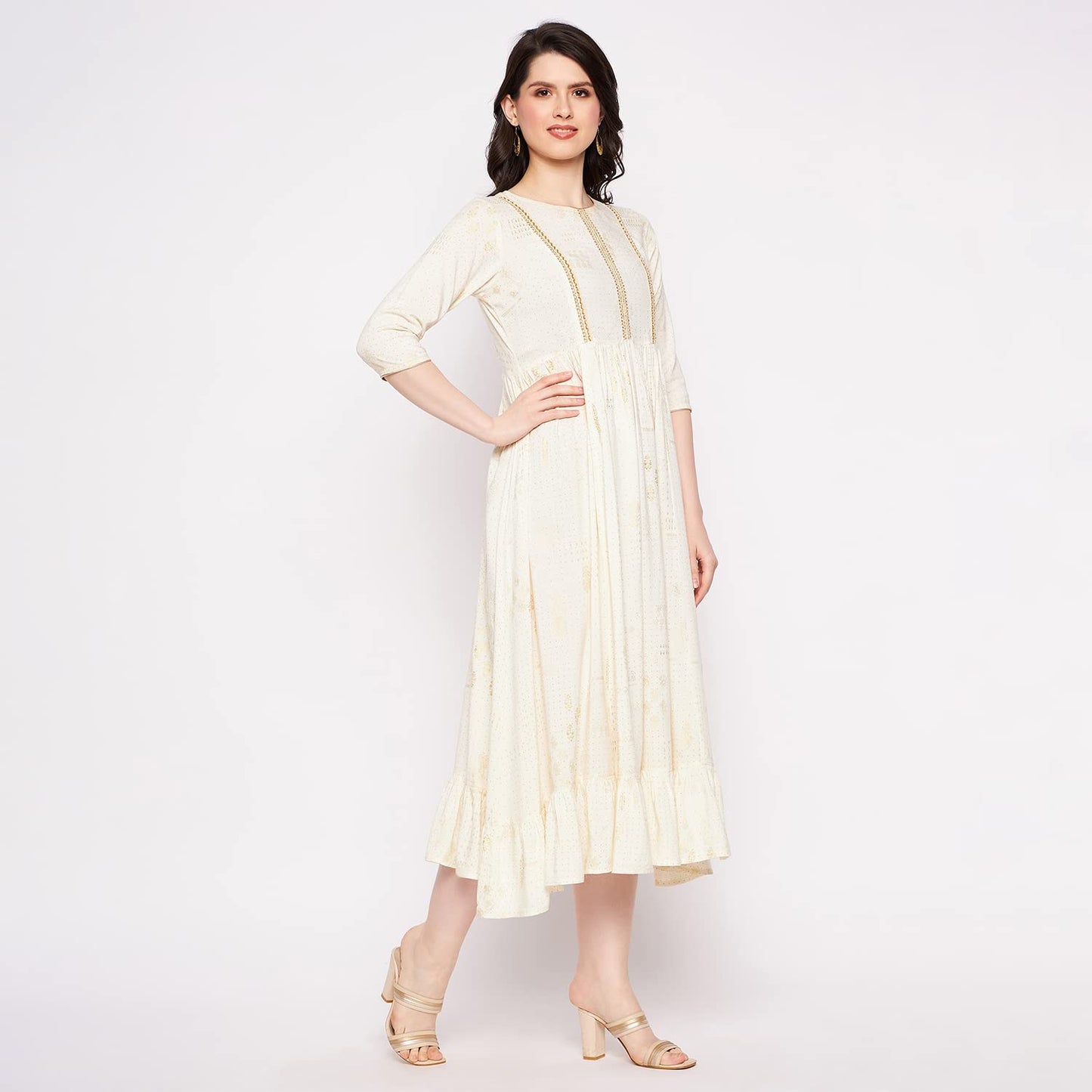 Rangavali Off White Foill Printed Cotton Frill Dress for Women | Stylish Kurti for Woman | A-Line Tiered Dress | Sundress | Maxi Dress | Short Dress | Wedding Party Ethnic Dress | Off White, 34 M