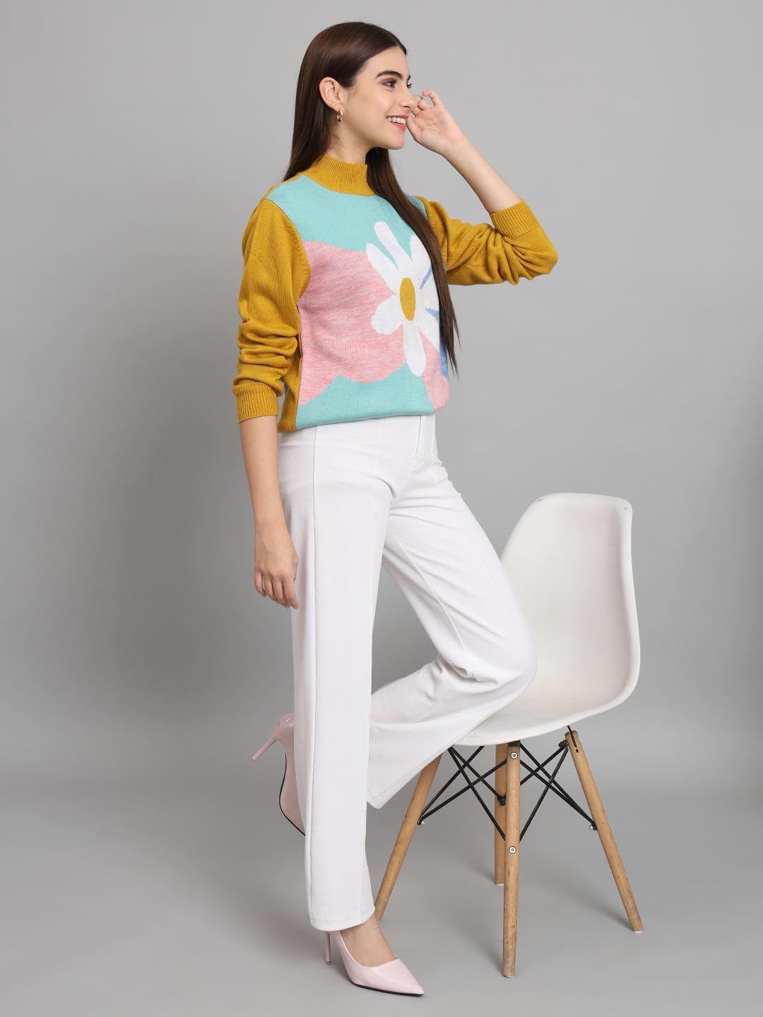 THE DRY STATE Womens Full Sleeves Round Neck Floral Colorblock Pullover Sweater