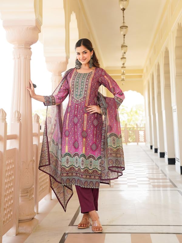 Vaamsi Women's Purple Rayon Printed Straight Kurta Pants With Dupatta Set | Festive Straight Kurta Set For Women | Printed Salwar Suit For Women (SKSKD3057, 4XL)