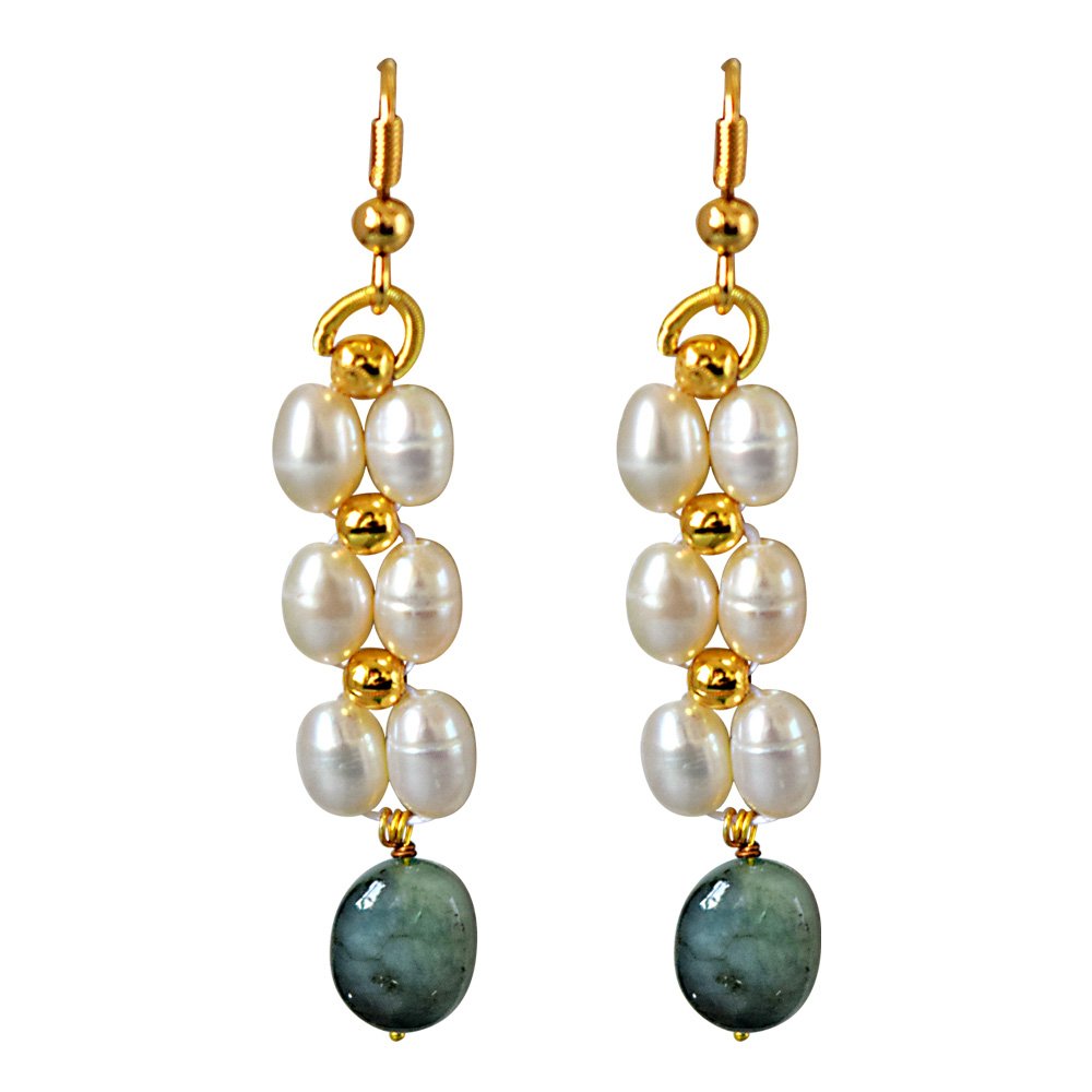 Surat Diamonds Real Natural Oval Emerald, Rice Pearl & Gold Plated Beads Necklace & Earring Set for Women (SN681)