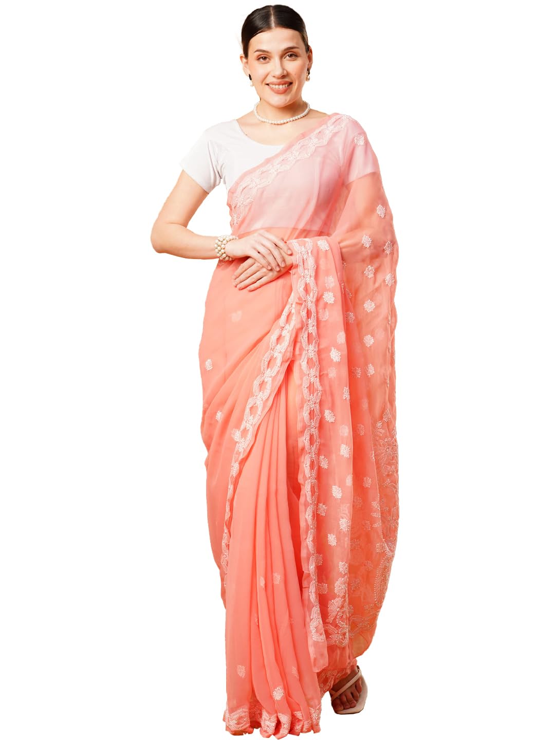 Ada Hand Embroidered Lucknowi Chikankari Georgette Saree With Unstitched Blouse Piece A191488, Peach - Womens