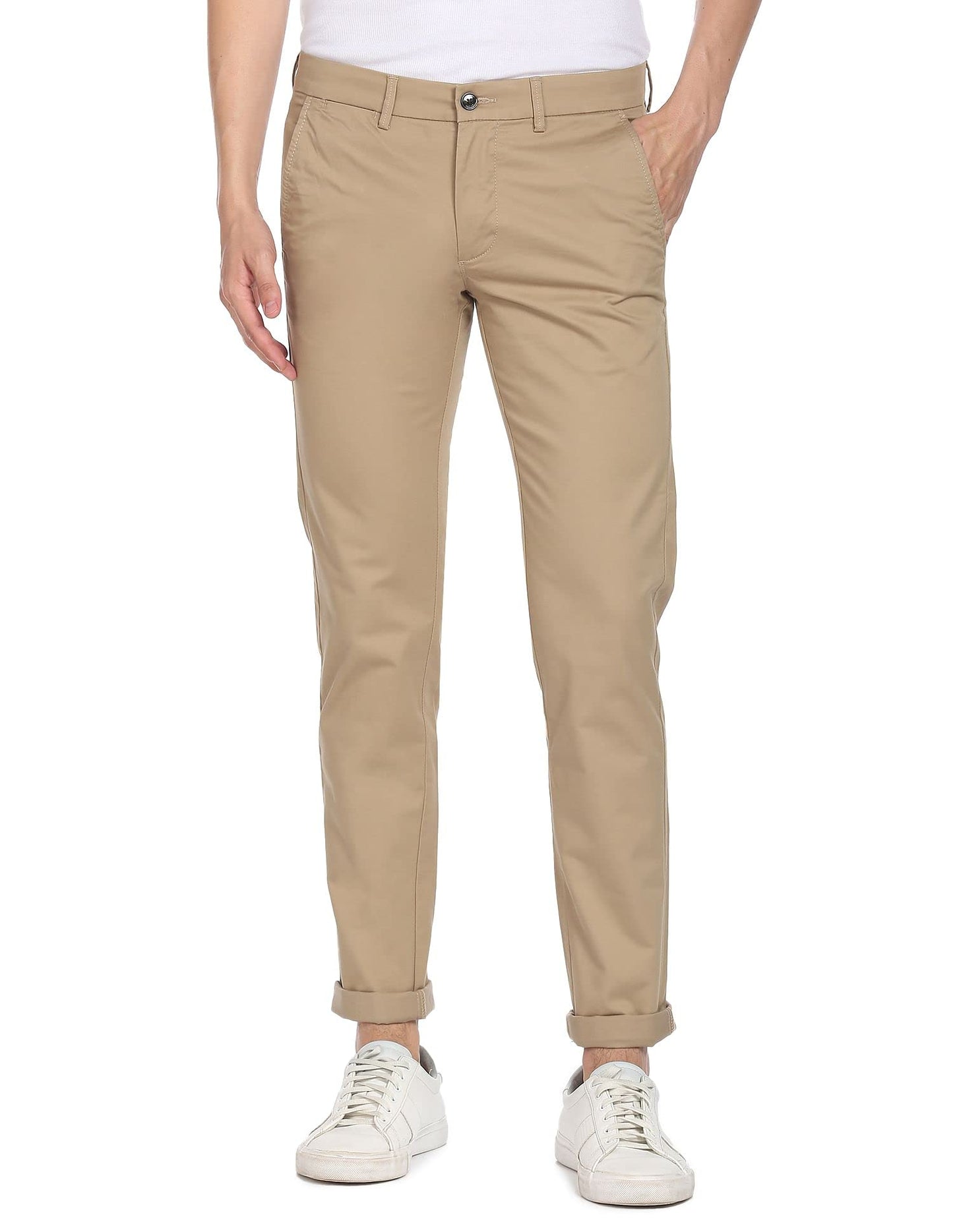 Arrow Men's Solid Slim Fit Acrylic Casual Trouser Khaki
