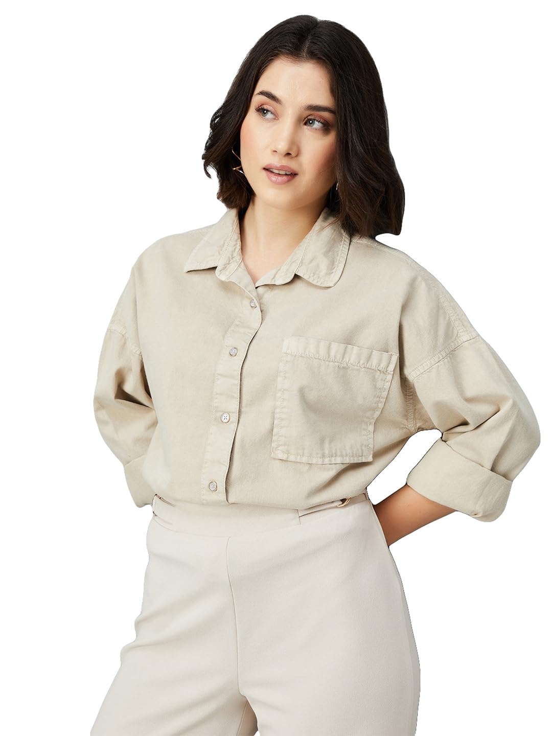 Max Women Solid Oversized Shirt(Beige_L)