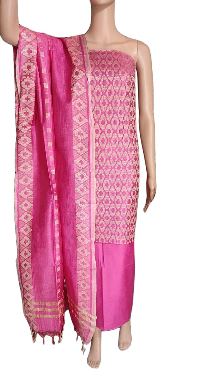 ZERATEX Women's Cotton Silk Handloom Weaving Unstitched Salwar Suit Dress Material With Dupatta (Pink pink)