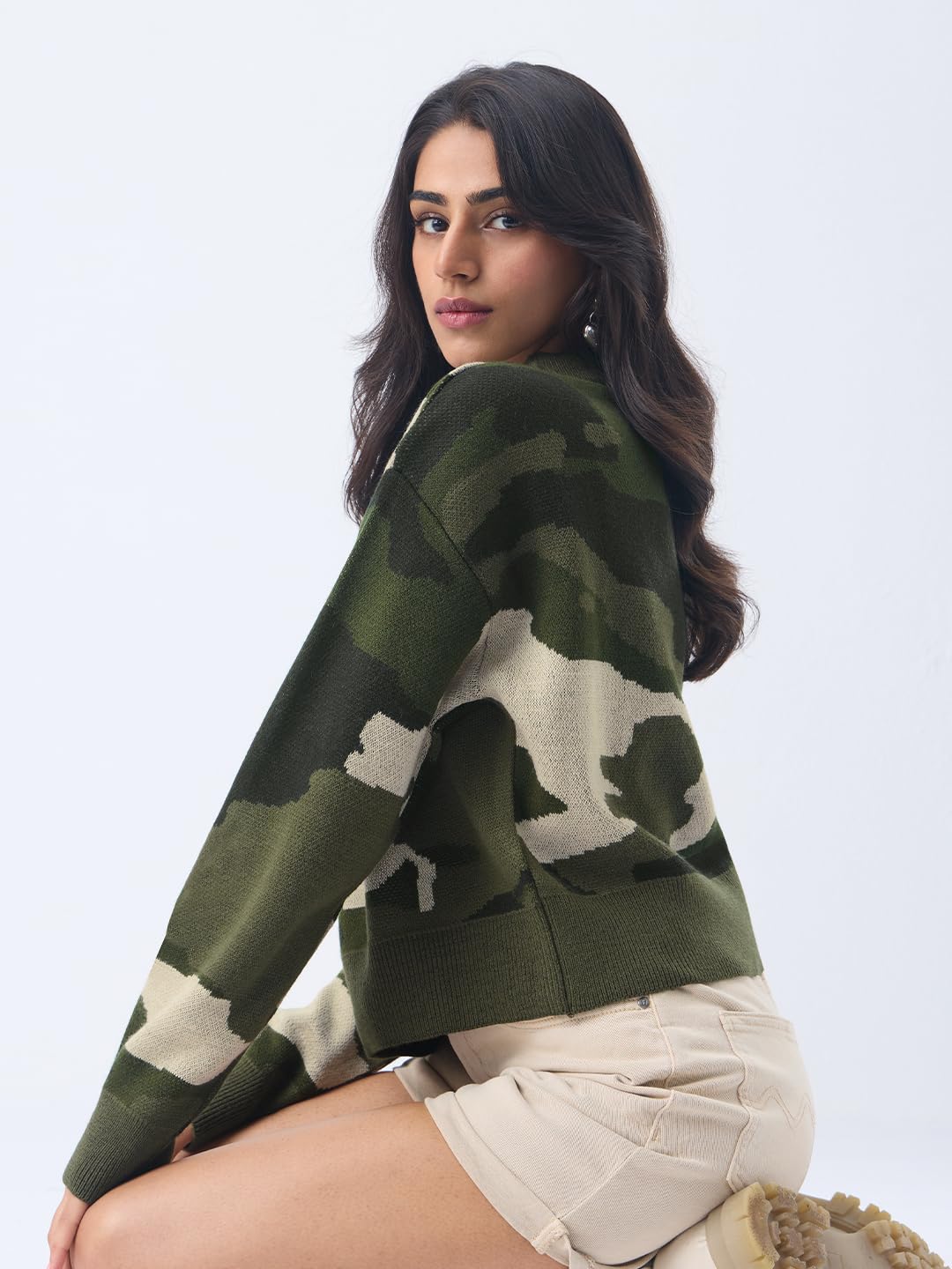 The Souled Store Aspire Women and Girls Full Sleeves Round Neck Multicolor Camouflage Printed Acrylic Oversized Fit Sweater